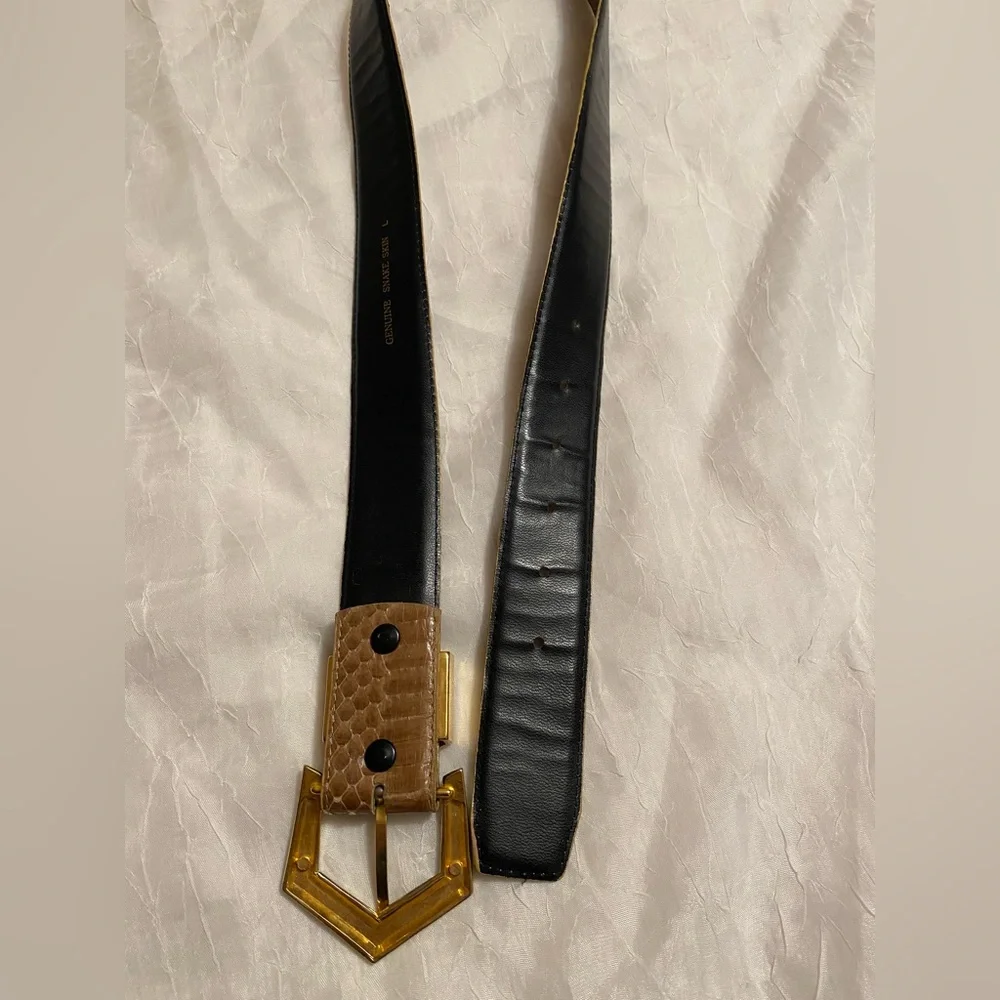 Vintage genuine snake skin arrow gold buckle belt L
